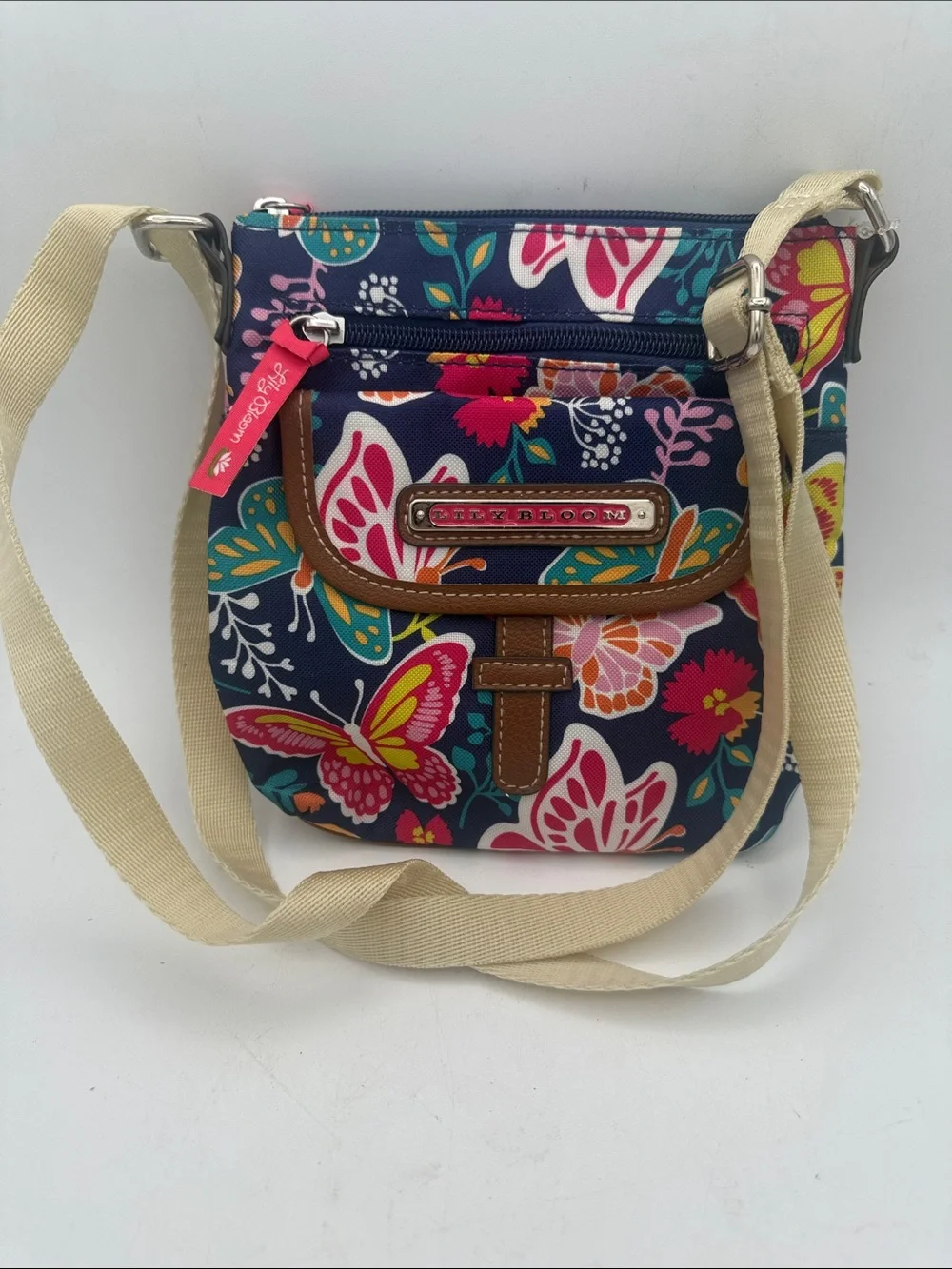 Lily Bloom Navy Floral & Butterfly mini Crossbody with Cream Strap 7.5”x7.5”